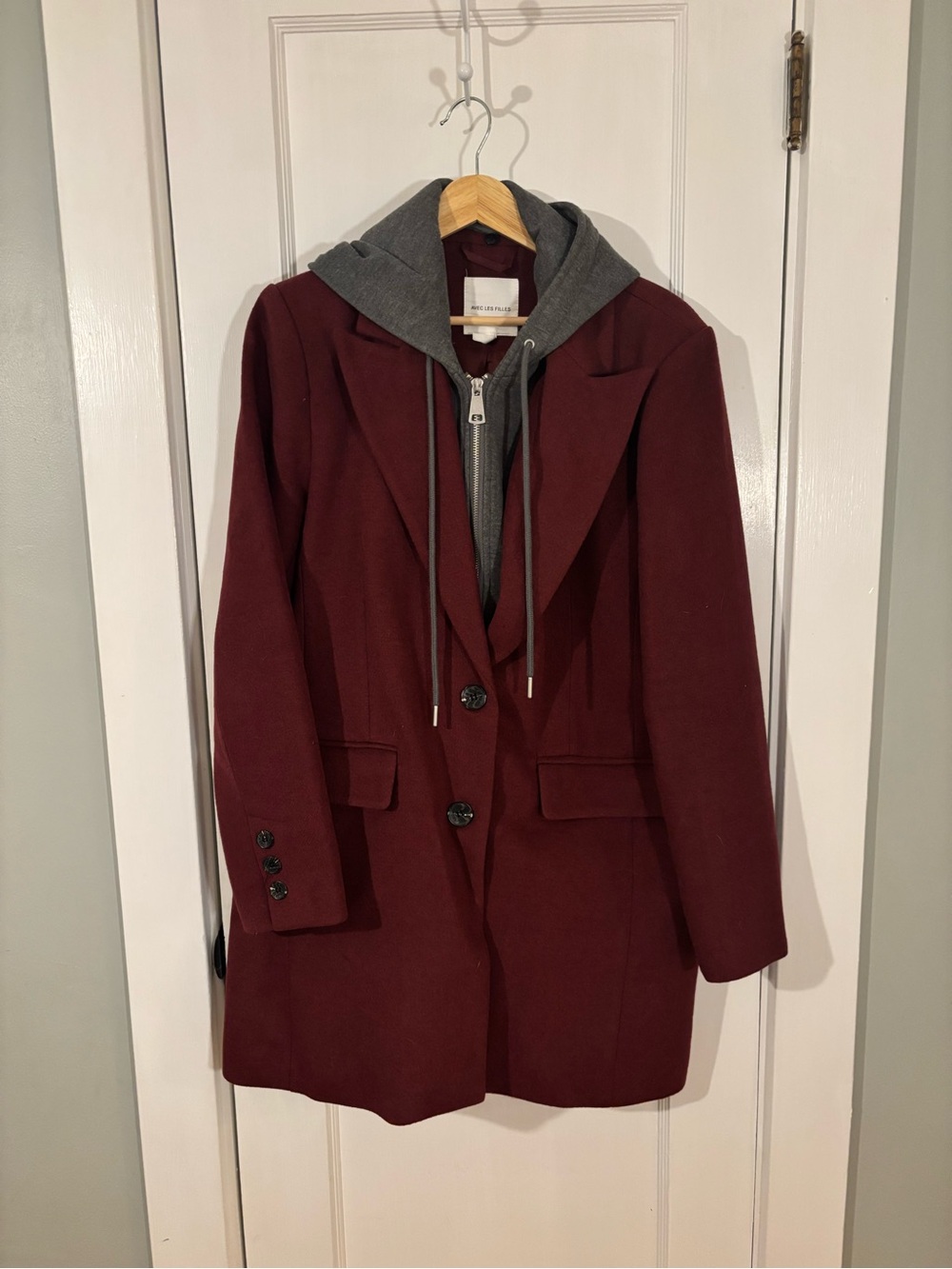 Avec Les Filles - Women's Burgundy Blazer Coat with Removable Grey Hoodie Layer